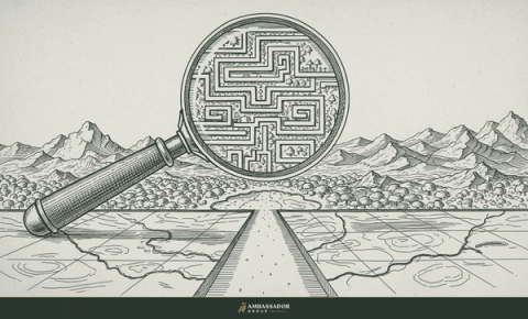 Antique engraving illustration. A deceptively simple straight road drawn on a map that, near the magnifying glass, reveals itself as an intricate winding labyrinth.