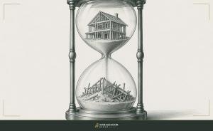 Antique engraving illustration. A monumental hourglass with a well-built house frame in the upper chamber pouring into a collapsing frame below.