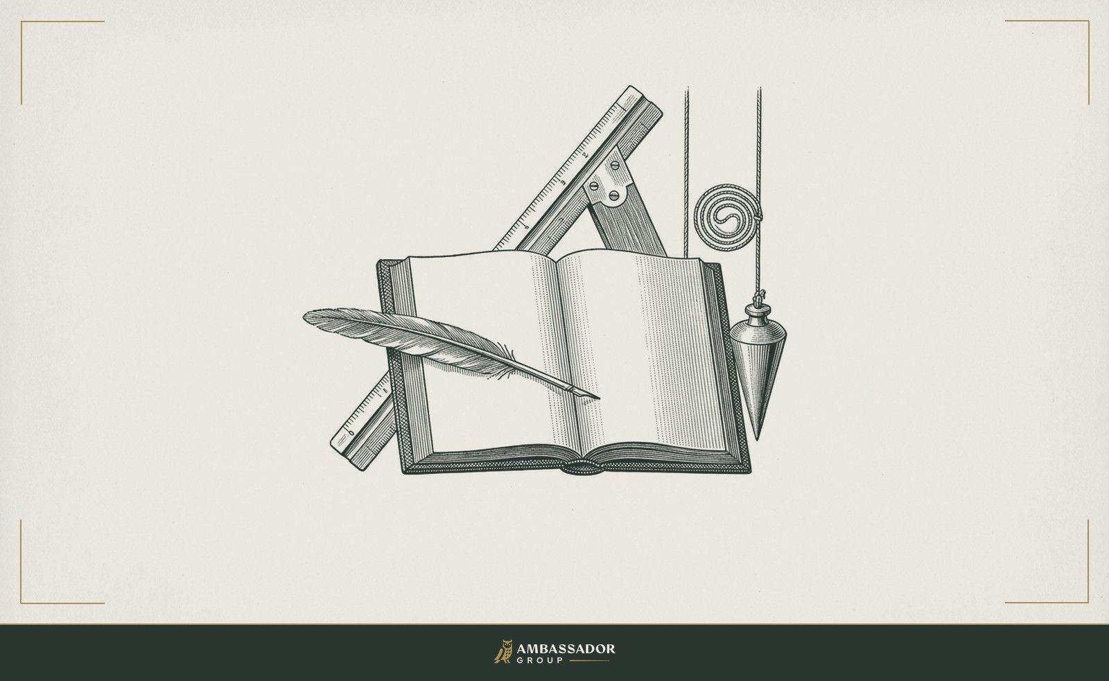 Antique engraving illustration. A set of architect's scales and a plumb bob hanging taut beside an open ledger, a quill resting across its unmarked left-hand page.