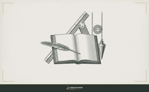 Antique engraving illustration. A set of architect's scales and a plumb bob hanging taut beside an open ledger, a quill resting across its unmarked left-hand page.