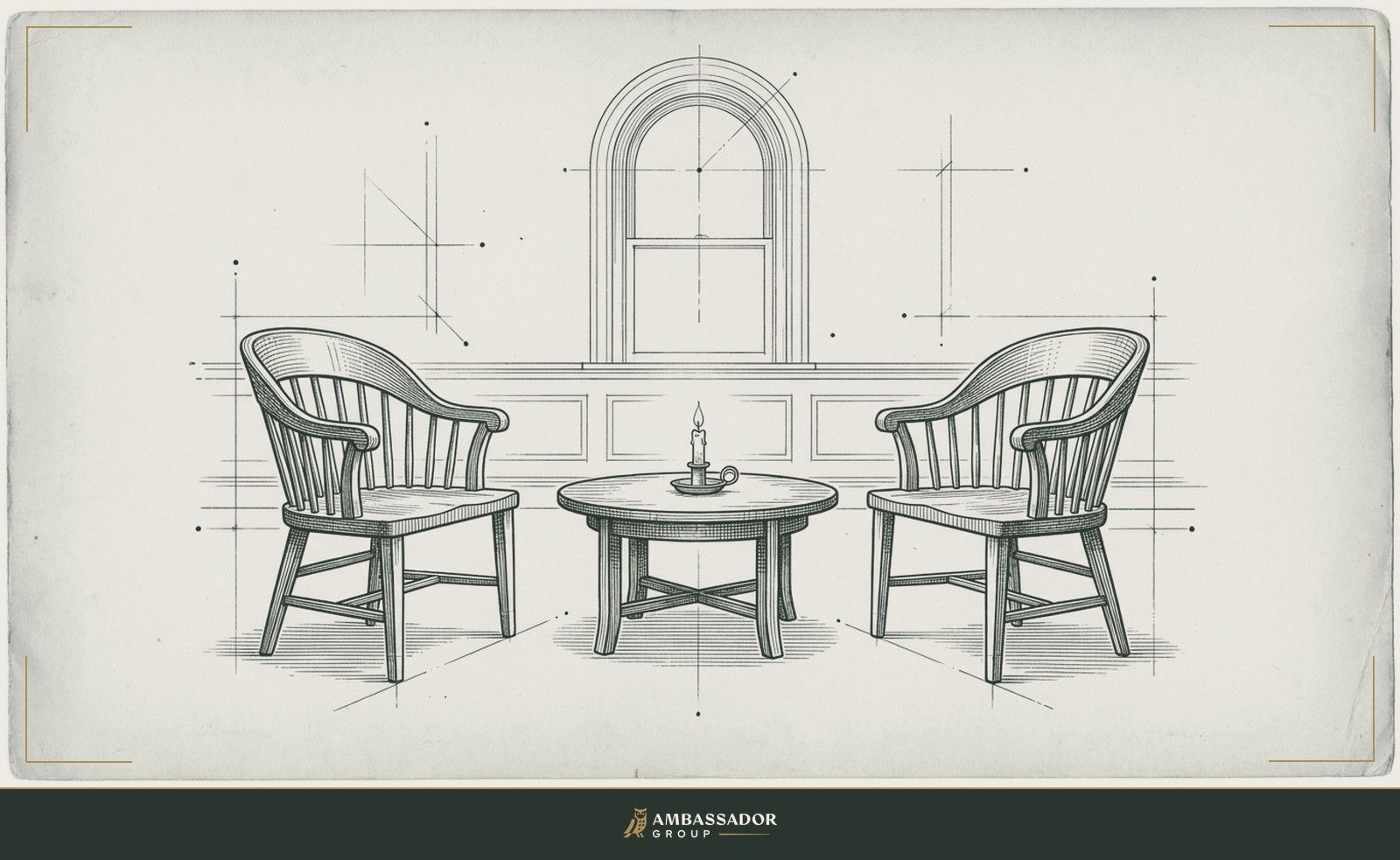 Antique engraving illustration. Two chairs set facing each other across a low table holding a single candle, the space between them open and unhurried.