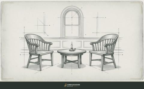 Antique engraving illustration. Two chairs set facing each other across a low table holding a single candle, the space between them open and unhurried.