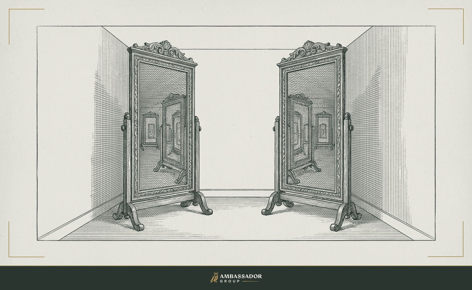 Antique engraving illustration. Two mirrors facing each other in an empty interview room, each reflecting the other infinitely, evaluation as a reciprocal and endless mutual act of scrutiny.