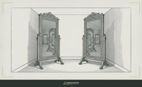 Antique engraving illustration. Two mirrors facing each other in an empty interview room, each reflecting the other infinitely, evaluation as a reciprocal and endless mutual act of scrutiny.