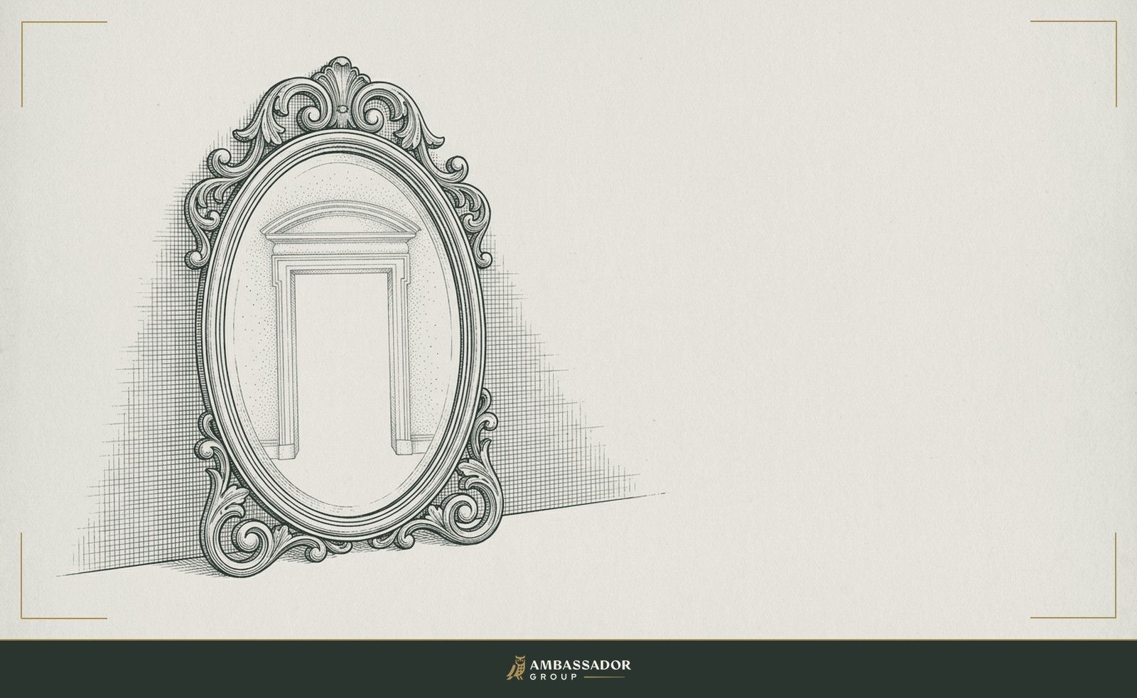 Antique engraving illustration. A mirror propped against a finished wall, its reflection showing the empty frame of a doorway, a mirage of entry where no real passage exists, just reflected expectation.