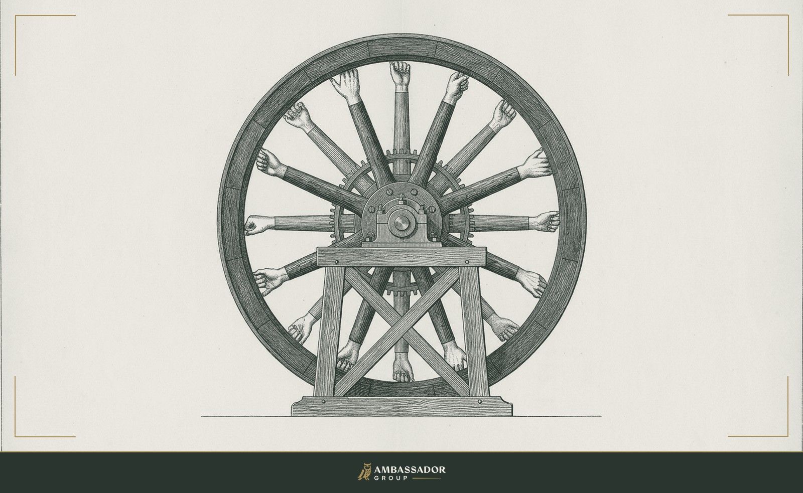 Antique engraving illustration. A large flywheel set in a timber frame, every spoke carved with a different individual's hand, the whole turning only because each spoke bears its share of the force.