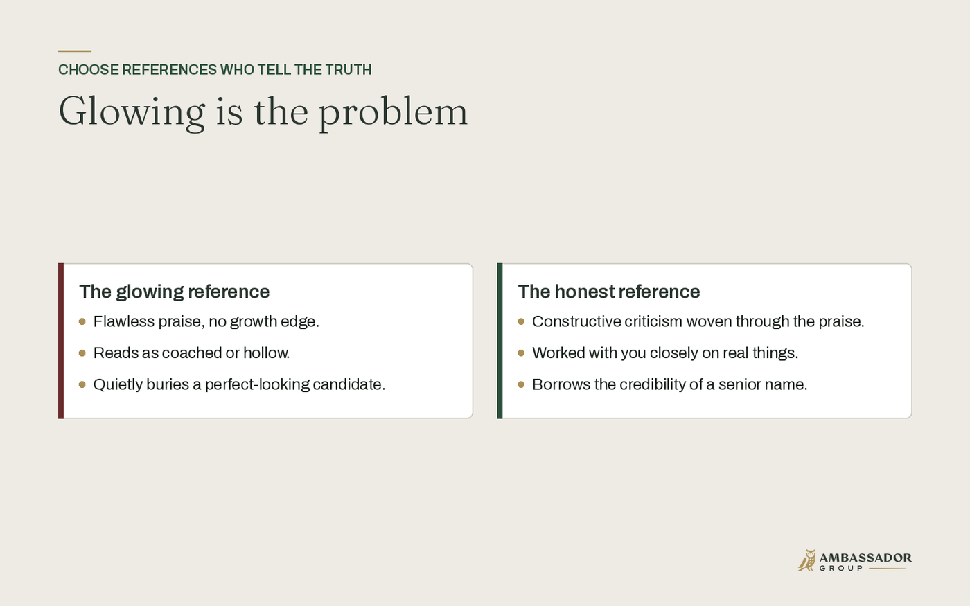 Glowing is the problem: honest references with real growth edges beat flawless praise.