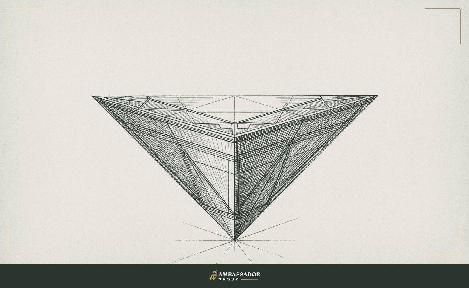 Antique engraving illustration. An inverted pyramid balanced on its apex, the wide base pointing skyward, its weight resting on the single point below, stable only through intention.