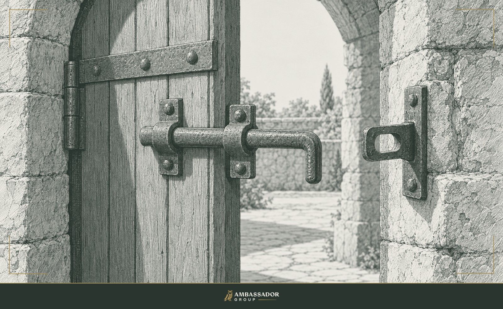 Antique engraving illustration. A heavy iron gate latch and hasp stand half open within a weathered stone archway.