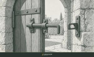 Antique engraving illustration. A heavy iron gate latch and hasp stand half open within a weathered stone archway.