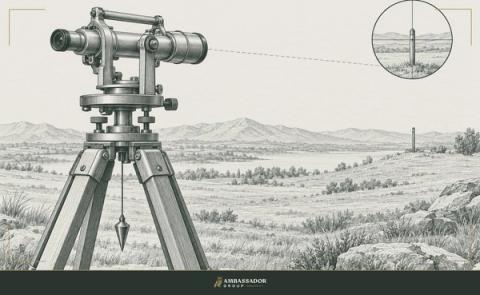 Antique engraving illustration. A surveyor's transit on a tripod aimed at a distant stake, crosshairs aligned, the plumb bob hanging perfectly still below, precision instrument against an open landscape.