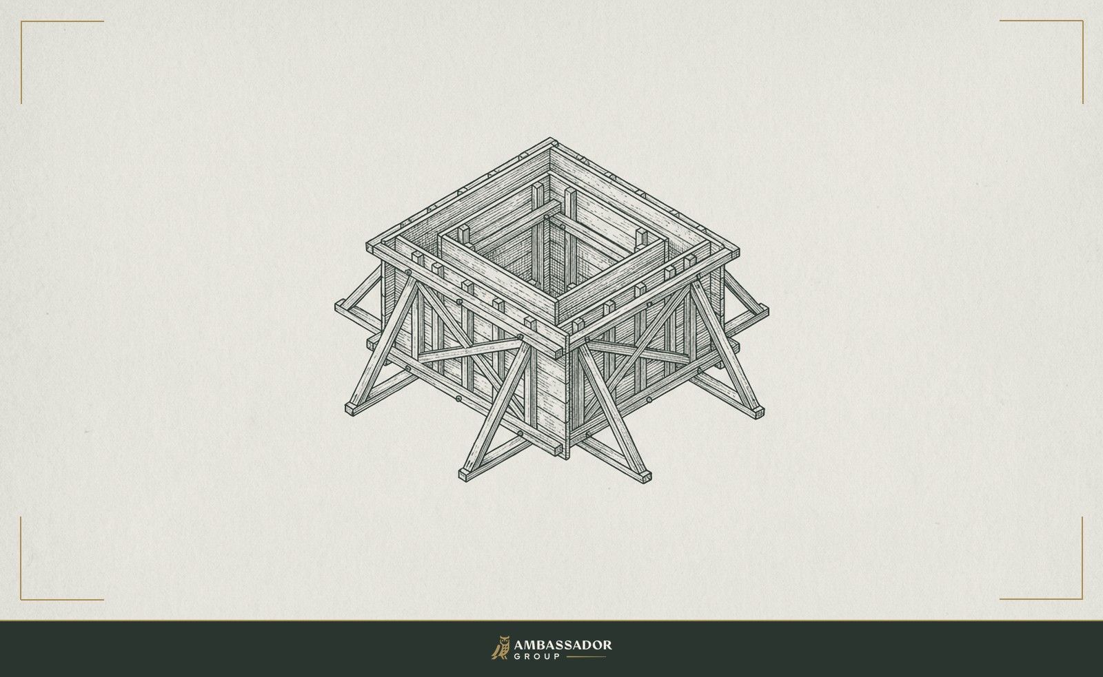 Antique engraving illustration. Empty timber concrete formwork braced and ready before the pour.