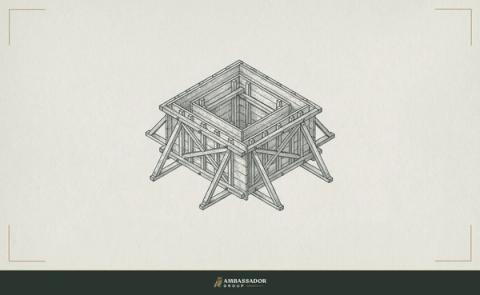 Antique engraving illustration. Empty timber concrete formwork braced and ready before the pour.
