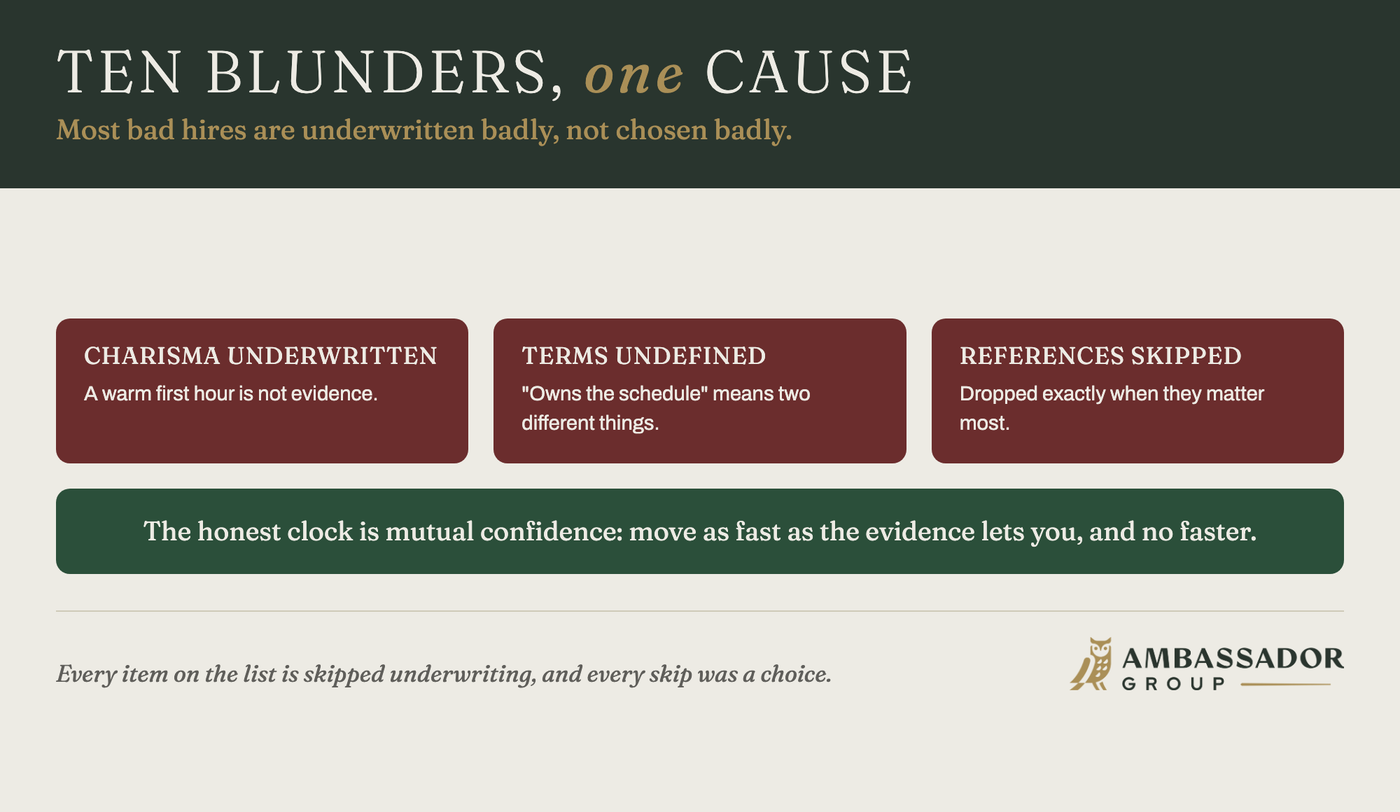 Educational aid: ten blunders, one cause. Charisma underwritten, terms undefined, references skipped; every blunder is skipped underwriting.