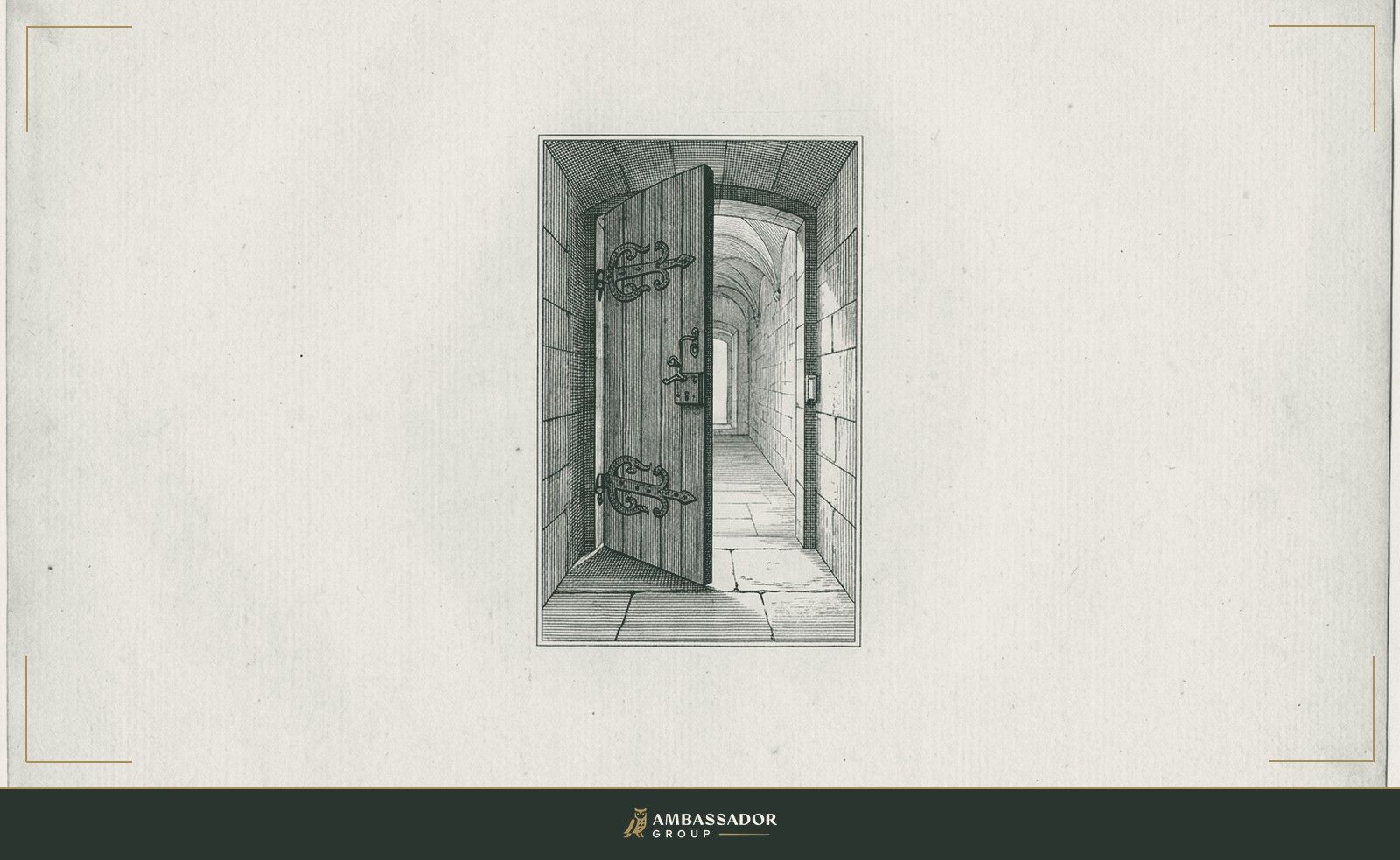 Antique engraving illustration. An open door at the end of a long corridor, its hinges well-oiled, rendered from behind as seen by a figure at the threshold deciding whether to walk through or away.