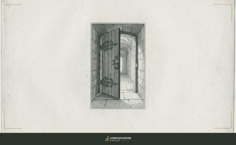 Antique engraving illustration. An open door at the end of a long corridor, its hinges well-oiled, rendered from behind as seen by a figure at the threshold deciding whether to walk through or away.