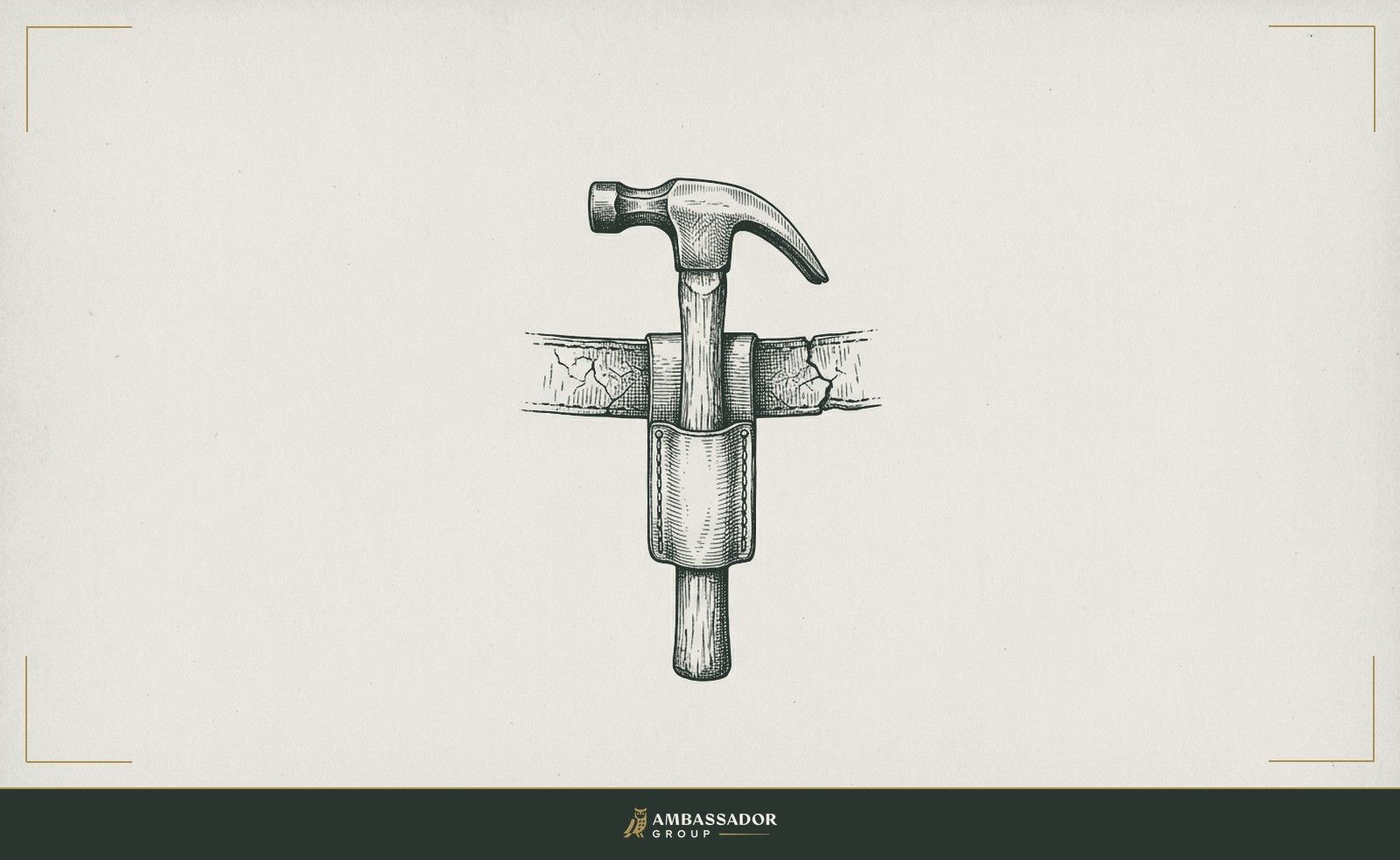 Antique engraving illustration. A single hammer resting upright in a leather tool loop on a worn belt, its head polished from use, the mark of work done with enough pride to maintain the instrument.