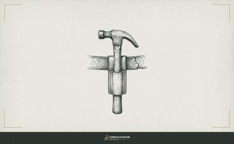 Antique engraving illustration. A single hammer resting upright in a leather tool loop on a worn belt, its head polished from use, the mark of work done with enough pride to maintain the instrument.