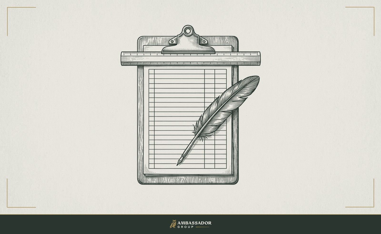 Antique engraving illustration. A clipboard bearing a ruled form, a straight-edge ruler aligned precisely along its top margin, a single feather quill resting across the page.