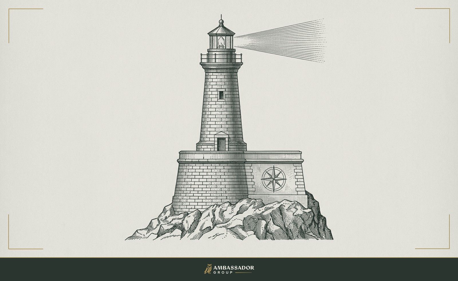 Antique engraving illustration. A lighthouse standing at the edge of rocky shore with its beam sweeping outward, its foundation stones carefully mortared, a compass rose etched into the cornerstone below.