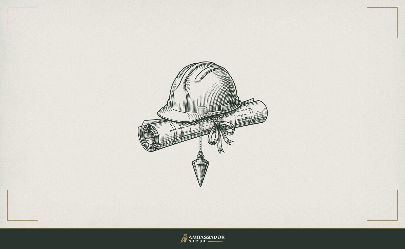 Antique engraving illustration. A foreman's hard hat resting atop a thick rolled set of project specifications, a plumb bob hanging from the brim.