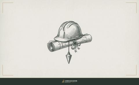 Antique engraving illustration. A foreman's hard hat resting atop a thick rolled set of project specifications, a plumb bob hanging from the brim.