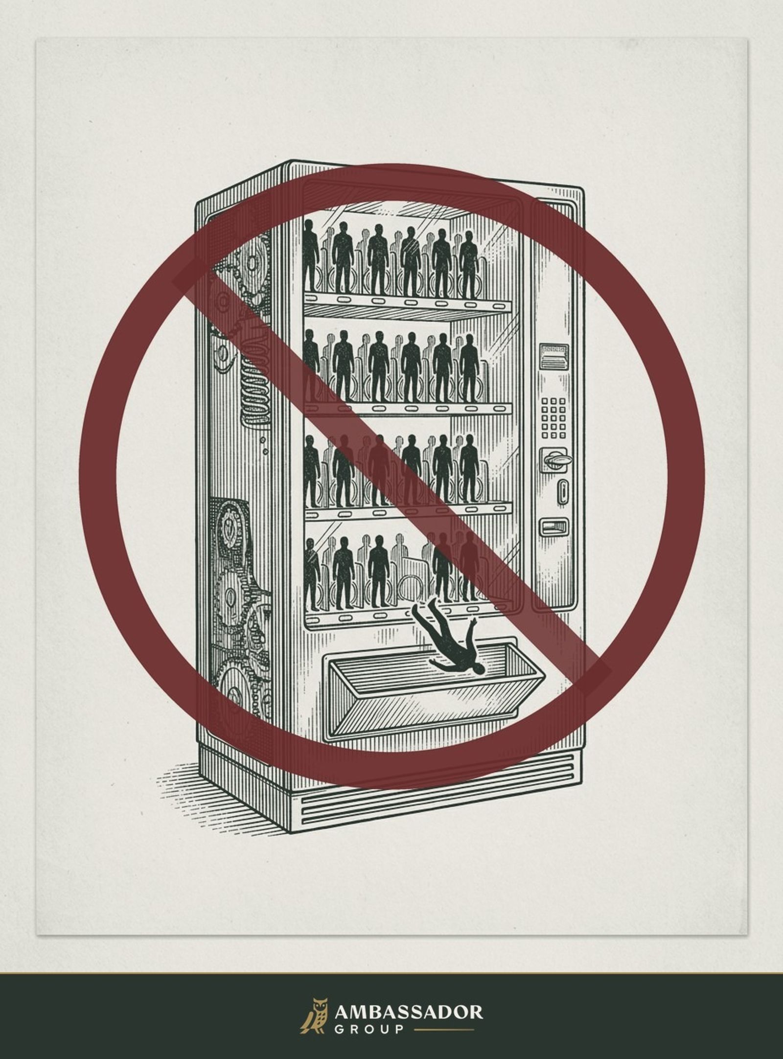 A pen-and-ink vending machine stocked with rows of identical, faceless people, dispensing one figure into the tray like a soda can, with an oxblood prohibition slash struck through the whole machine: a search is a partnership, not a vending machine.