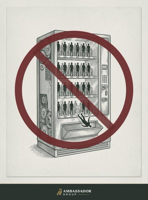 A pen-and-ink vending machine stocked with rows of identical, faceless people, dispensing one figure into the tray like a soda can, with an oxblood prohibition slash struck through the whole machine: a search is a partnership, not a vending machine.
