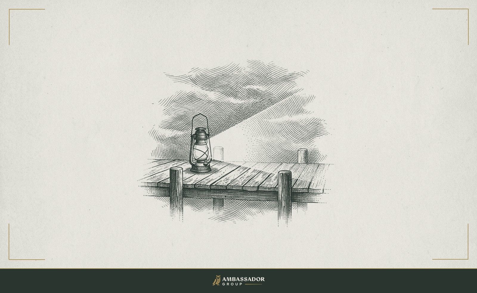 Antique engraving illustration. A single lantern burning on a fog-shrouded dock, its light cutting a crisp cone through layered crosshatch mist.