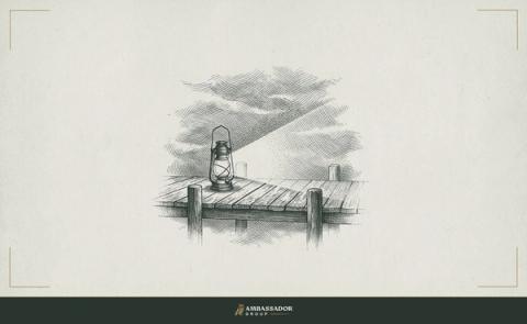 Antique engraving illustration. A single lantern burning on a fog-shrouded dock, its light cutting a crisp cone through layered crosshatch mist.