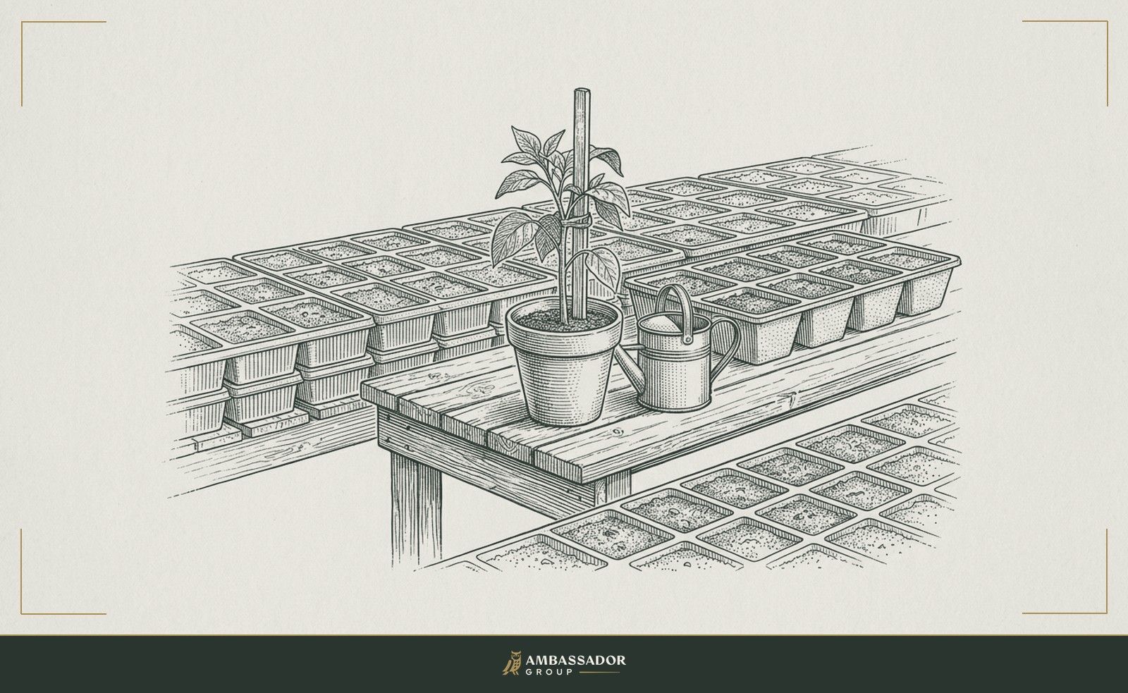 Antique engraving illustration. A single tended plant in a clay pot on a workbench, deliberately watered and staked, surrounded by rows of identical mass-produced plastic seedling trays left unattended.