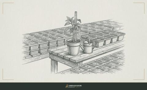 Antique engraving illustration. A single tended plant in a clay pot on a workbench, deliberately watered and staked, surrounded by rows of identical mass-produced plastic seedling trays left unattended.