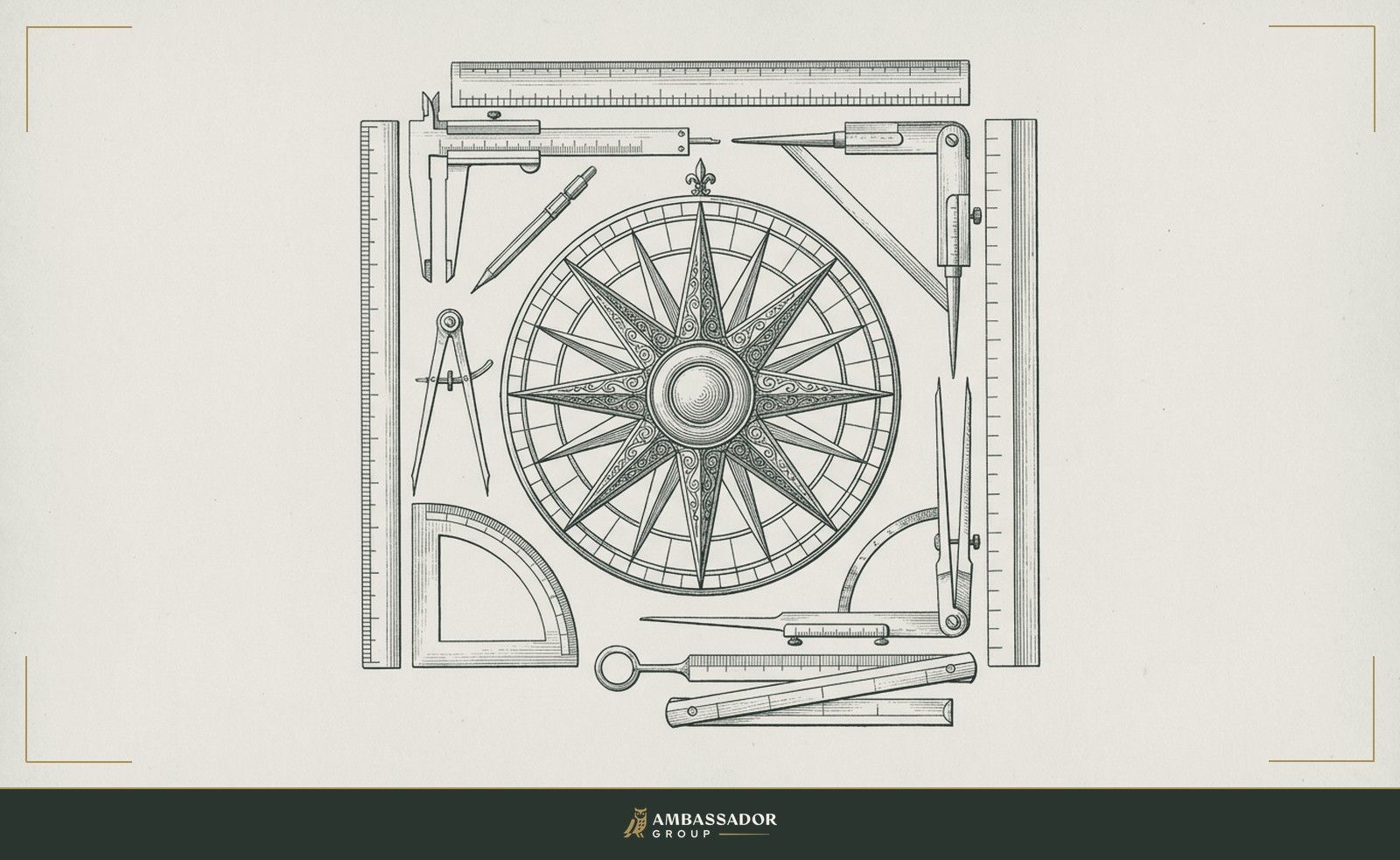 Antique engraving illustration. An ornate brass compass rose with elaborate star points and no cardinal letters, surrounded by precisely ruled measuring instruments arranged in a formal still life.