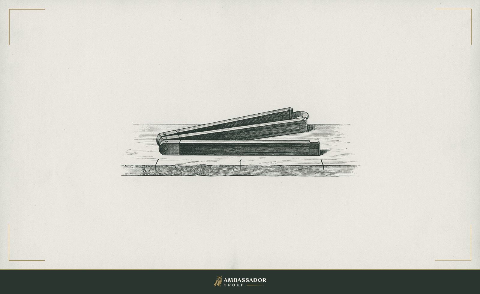 Antique engraving illustration. A carpenter's rule folded to three precise segments on a workbench, each segment aligned with a hand-drawn mark, nothing more on the surface.