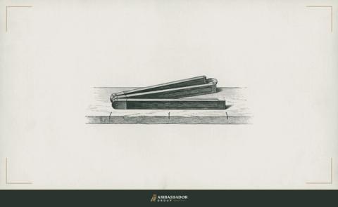 Antique engraving illustration. A carpenter's rule folded to three precise segments on a workbench, each segment aligned with a hand-drawn mark, nothing more on the surface.