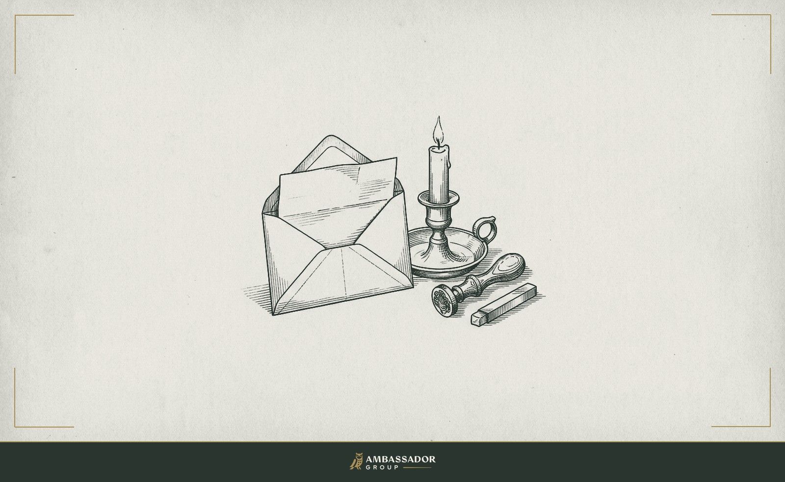 Antique engraving illustration. An open envelope with a single folded letter emerging from it, a candle burning beside it, and a sealing-wax stamp resting nearby, the act of care made visible.