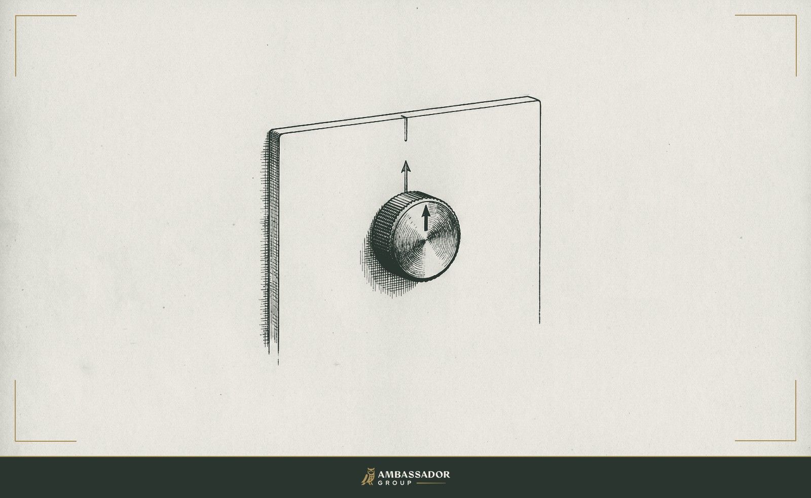 Antique engraving illustration. A single dial knob mounted on a plain panel, its indicator arrow pointing straight up to a centered calibration mark etched in the face.