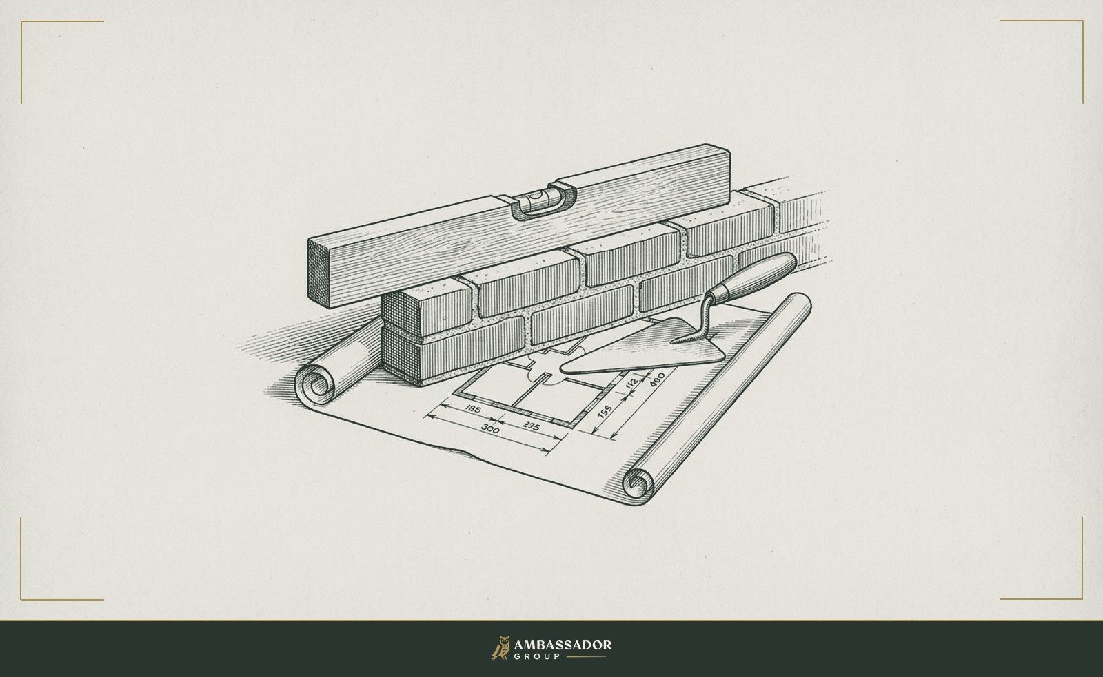Antique engraving illustration. A wooden spirit level rests on a freshly laid brick wall, with a mason's trowel on a sheet of floor plans beside it.