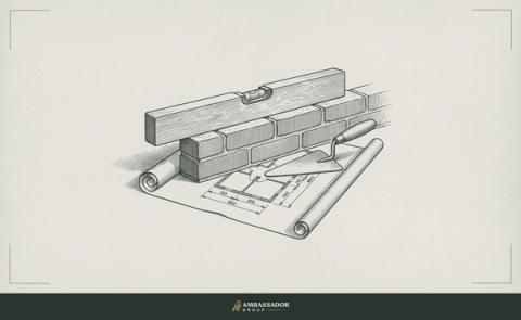 Antique engraving illustration. A wooden spirit level rests on a freshly laid brick wall, with a mason's trowel on a sheet of floor plans beside it.