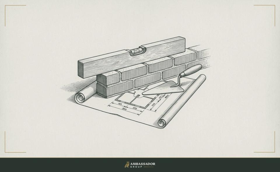 Antique engraving illustration. A wooden spirit level rests on a freshly laid brick wall, with a mason's trowel on a sheet of floor plans beside it.