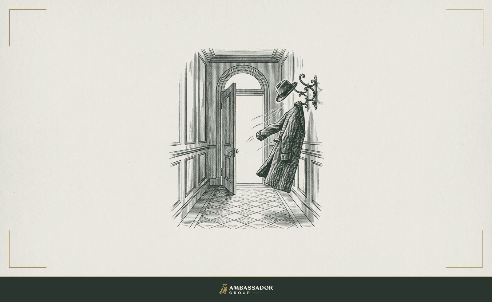 Engraving of an open door at the end of a hallway with a coat being lifted from a hook, a dignified professional departure.