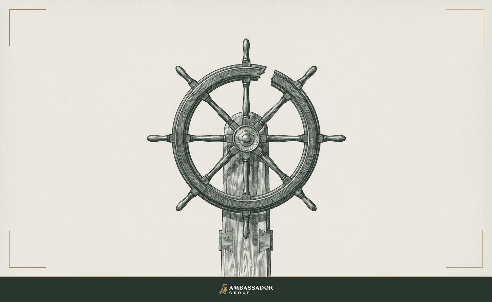 Antique engraving illustration. A ship's wheel with one spoke removed, its gap visibly disrupting the otherwise perfect circle, the wheel still mounted and upright.