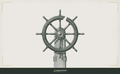 Antique engraving illustration. A ship's wheel with one spoke removed, its gap visibly disrupting the otherwise perfect circle, the wheel still mounted and upright.