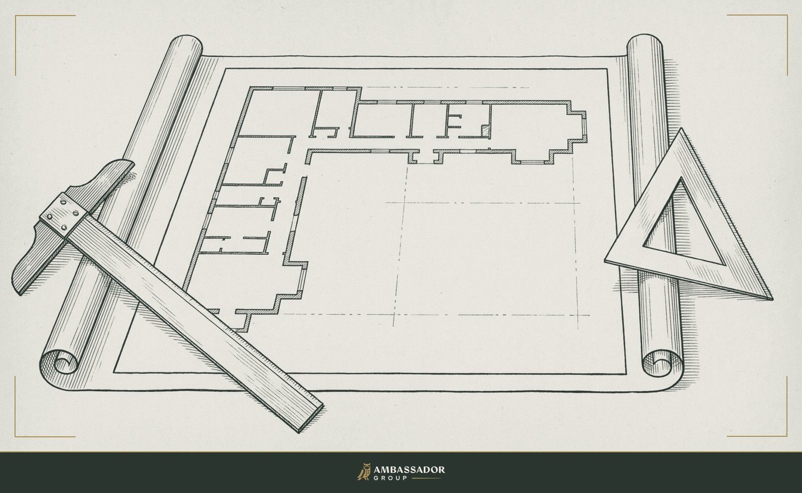 Antique engraving illustration. A large architectural blueprint unrolled flat, its edges held by a set square and a T-square, ready for the first mark.