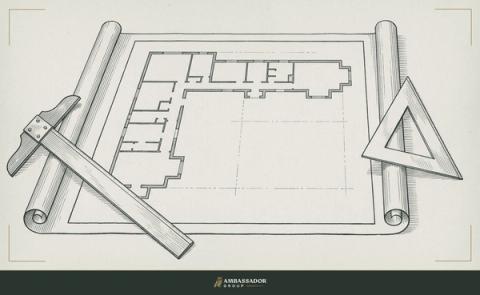Antique engraving illustration. A large architectural blueprint unrolled flat, its edges held by a set square and a T-square, ready for the first mark.