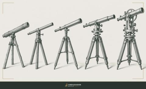 Antique engraving illustration. A series of telescoping brass instruments arranged in a line from crude to refined, the earliest simple and rough, the latest a precision theodolite, tracing a century of calibration.