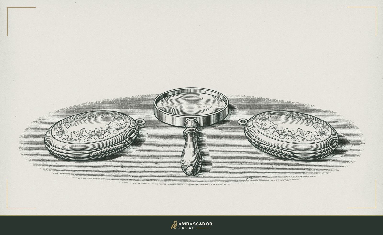 Antique engraving illustration. Two closed lockets on a table, each facing away from the other, a magnifying glass centered between them, lens pointed upward.