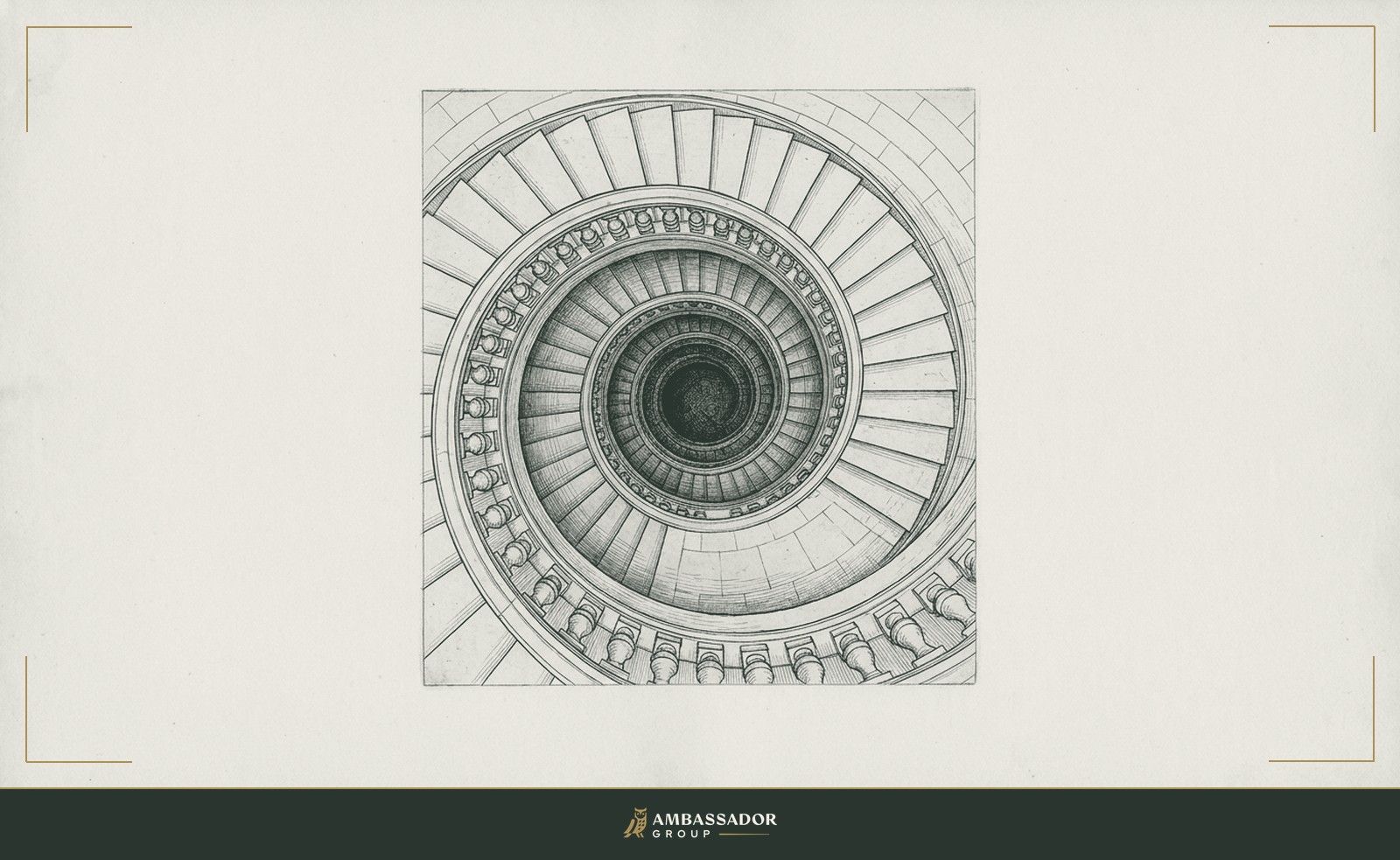 Antique engraving of a stone spiral staircase seen from directly above, its steps winding down into a dark center.
