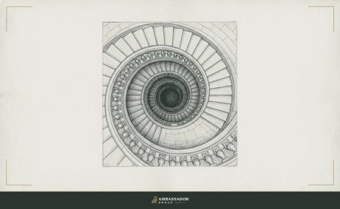 Antique engraving of a stone spiral staircase seen from directly above, its steps winding down into a dark center.