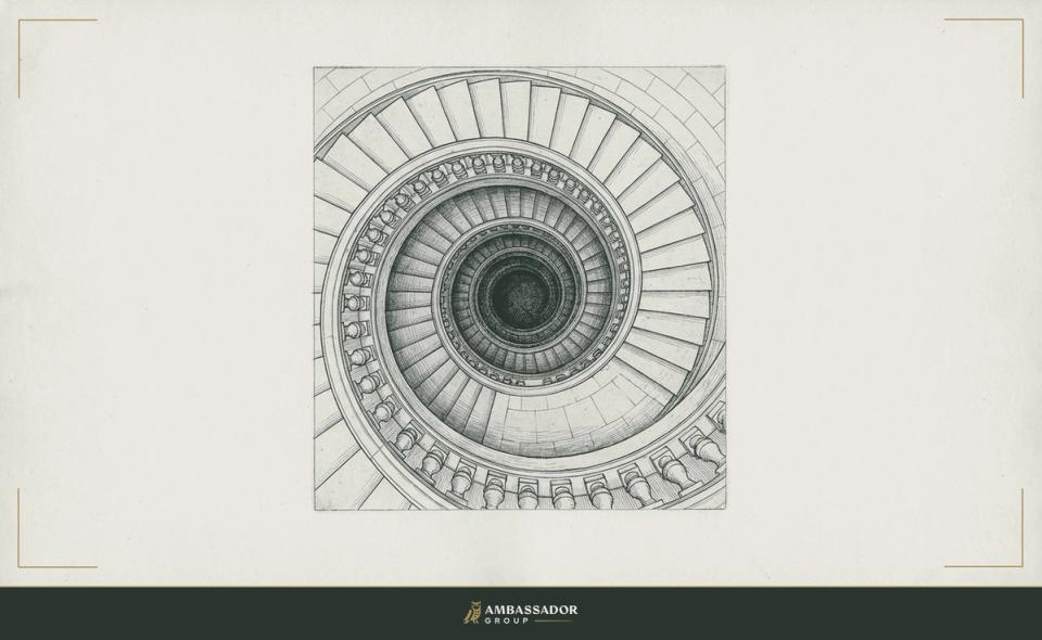 Antique engraving of a stone spiral staircase seen from directly above, its steps winding down into a dark center.